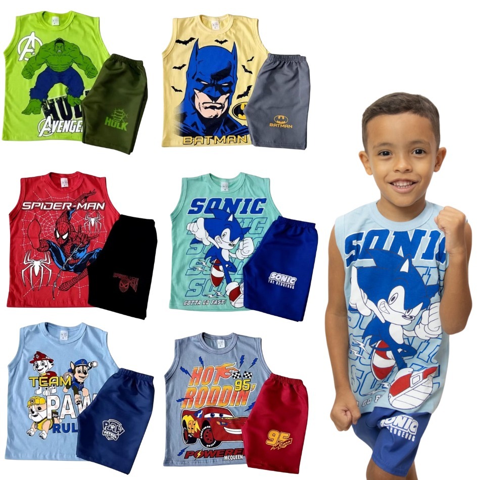 Conjunto Infantil Menino Temático Regata Algodão + Short  Tactel | Promoção Verão | Pronta Entrega