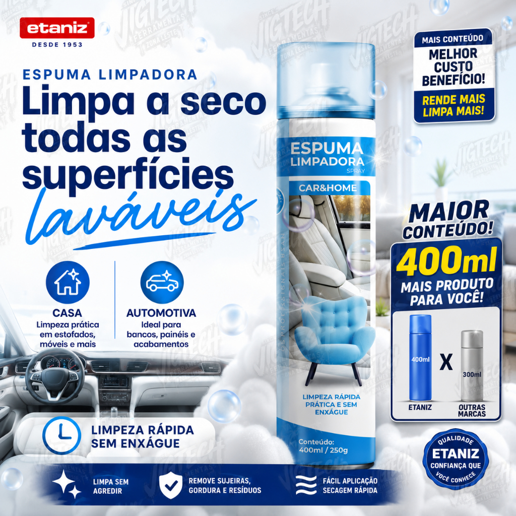 Espuma Limpadora a Seco 400ml - Spray para Estofado, Tapete, Colchão e Banco de Carro - Doméstica e Automotiva.