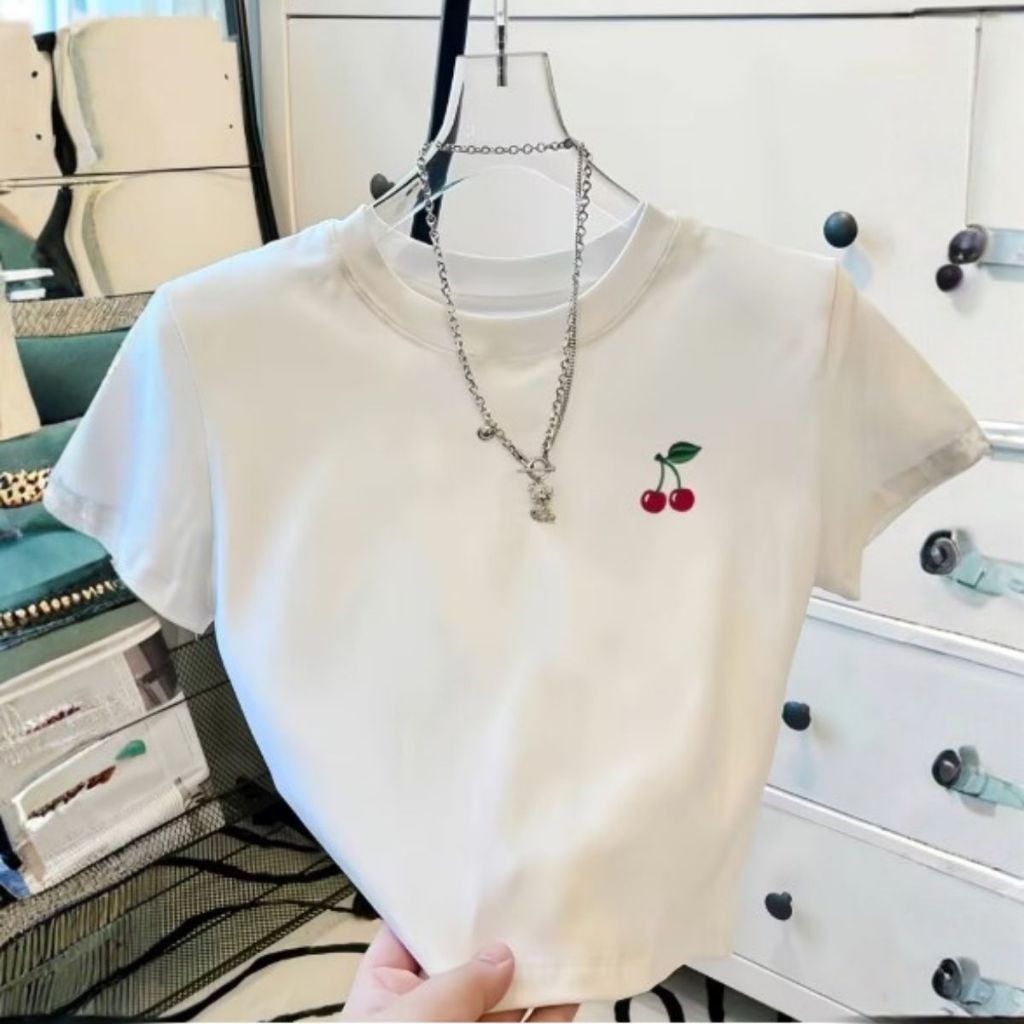 Cropped Feminino Casual Slim Manga Curta Cerejinha Moda Fashion Vintage Estilo Streetwear