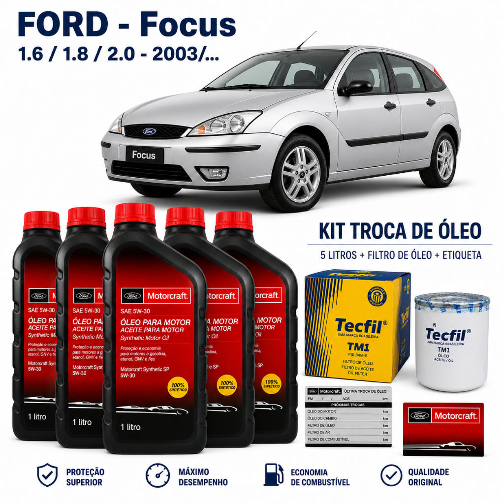 Kit Revisão Ford Focus 1.6 1.8 2.0 2003 em diante 5L 5W30 FORD Motorcraft Filtro Óleo Lubrificante TM1 TECFIL