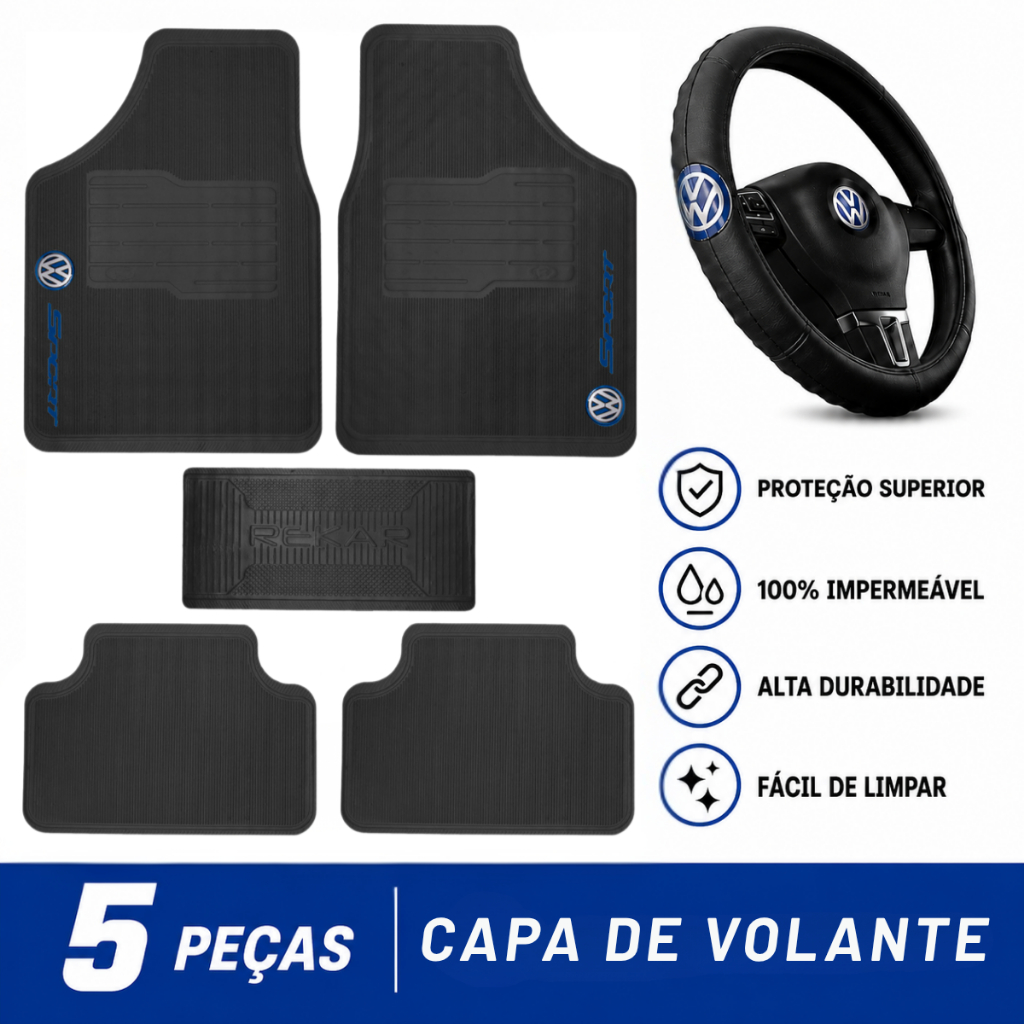 Jogo Tapete VW + Capa Volante Polo Gol T-Cross Saveiro Fox Virtus Nivus Tera Jetta Golf