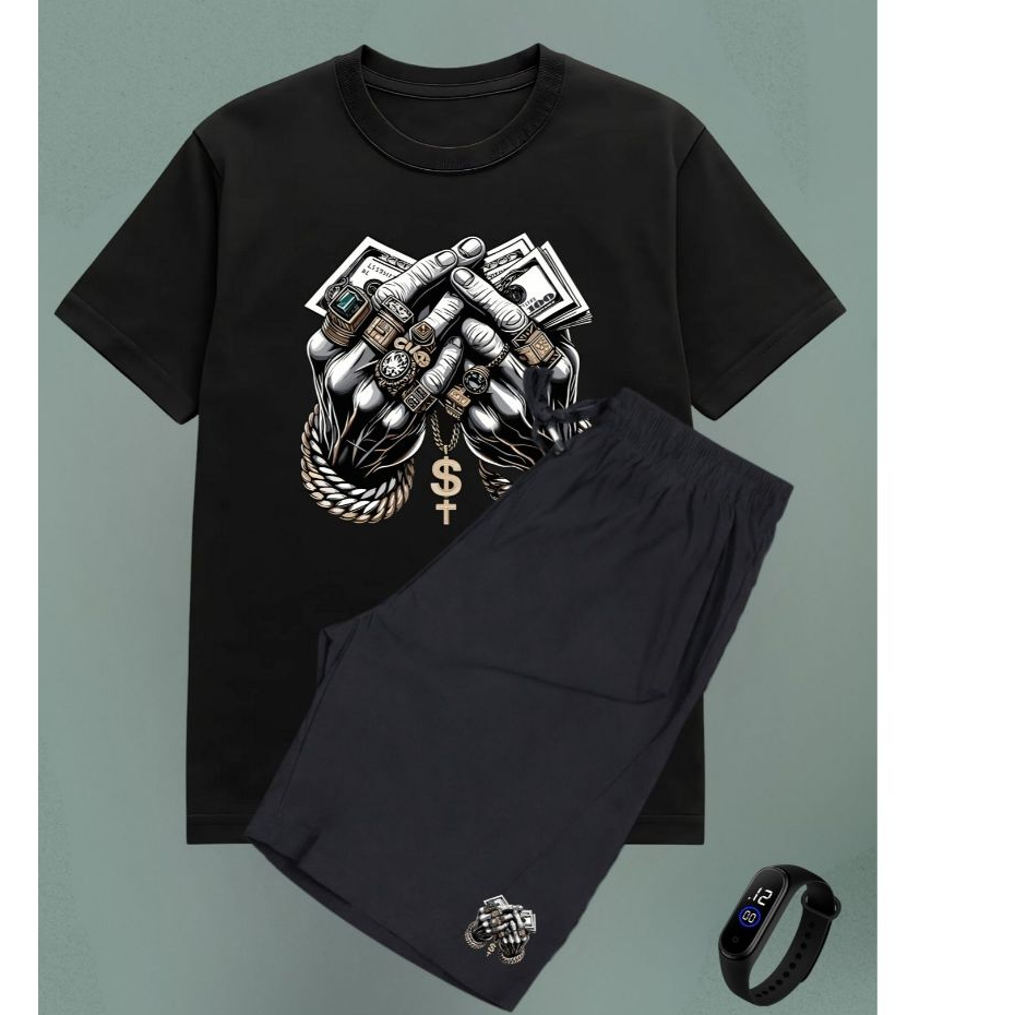kit conjunto bermuda elastano camiseta algodão plus size tamanhos grandes P AO G4 MÃO GANGSTER + RELOGIO DIGITAL Street