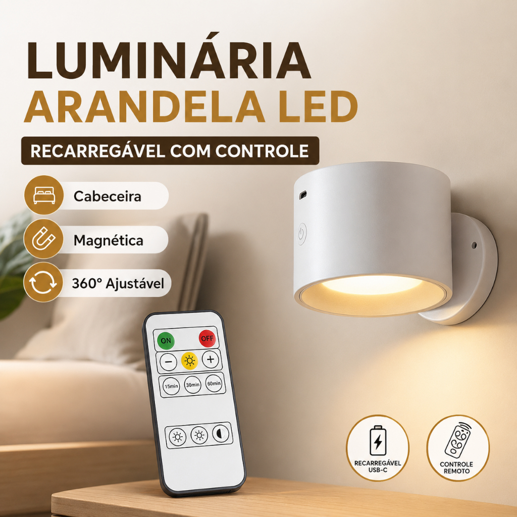 Luminária Arandela LED Recarregável Com Controle Remoto USB-C 360° Cabeceira