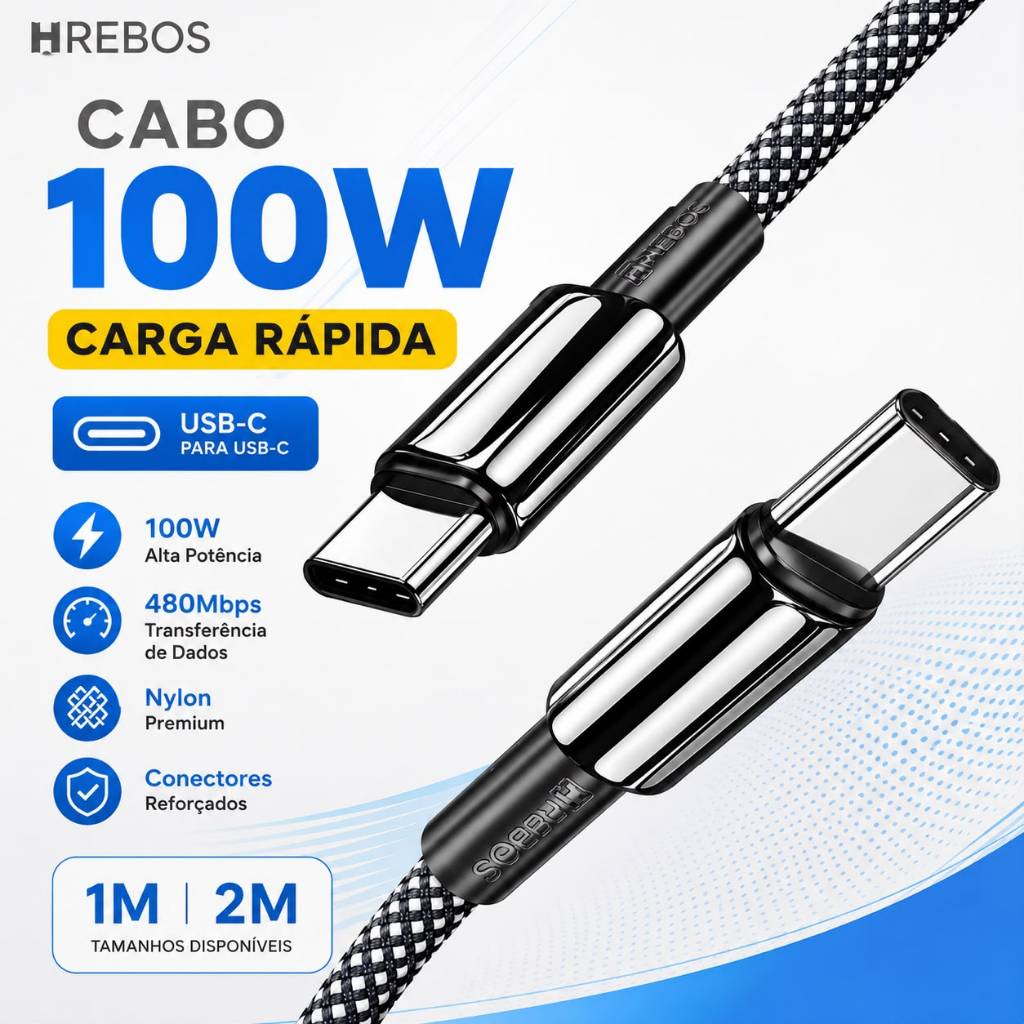 Cabo USB-C Premium 1 ou 2 Metros Turbo 100W 2 Pontas Tipo C Cabo em Nylon