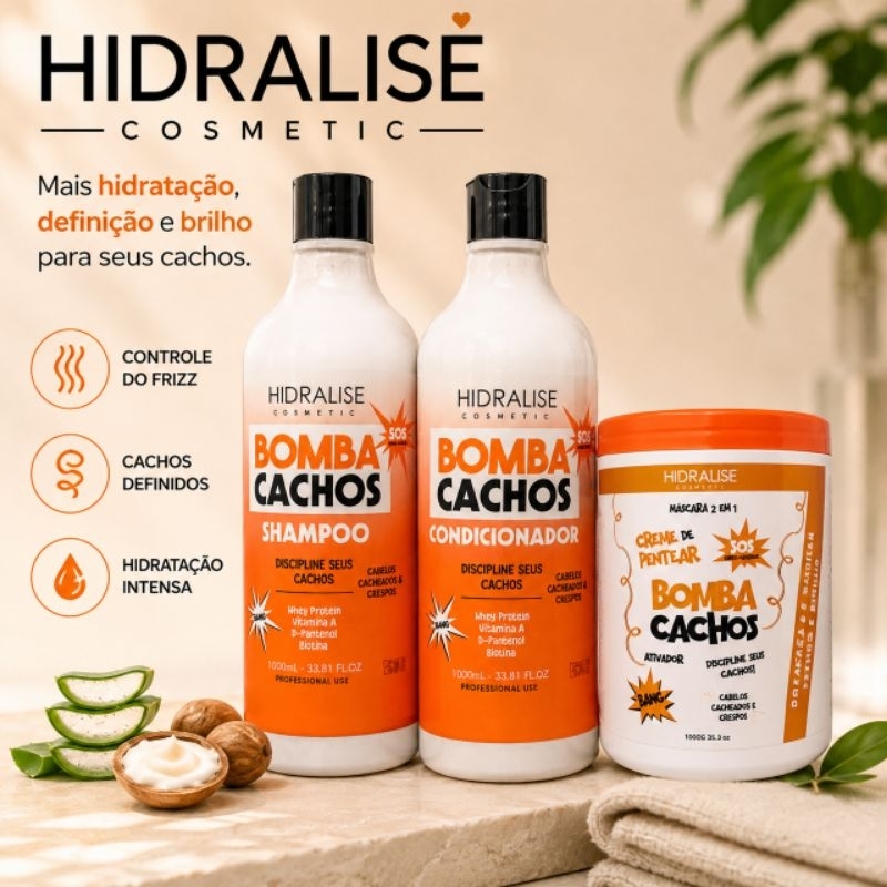 ***INATIVO***Kit Bomba Cachos Hidralise Cosmetic Shampoo Condicionador Máscara 2 em 1 Cachos Definidos Hidratação