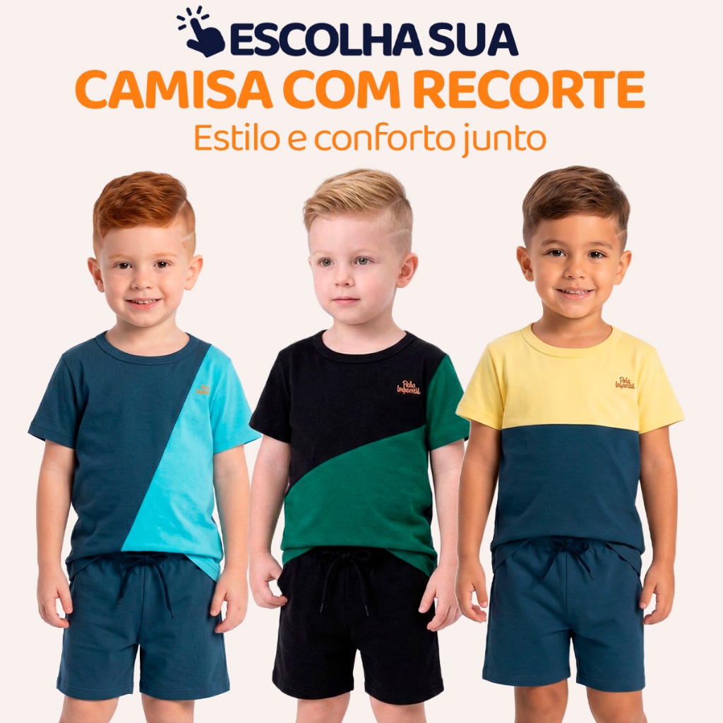 Conjunto Infantil Masculino com Recorte Diagonal Camisa e Bermuda Design Moderno Estilo Casual