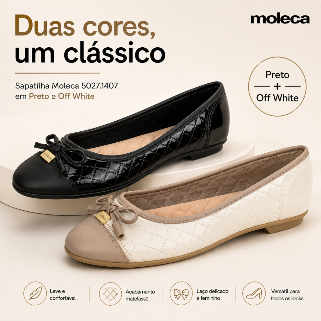 Sapatilha Feminina Moleca Clássica Laço Matelassê Bico Redondo Sapatilha Casual Confortável