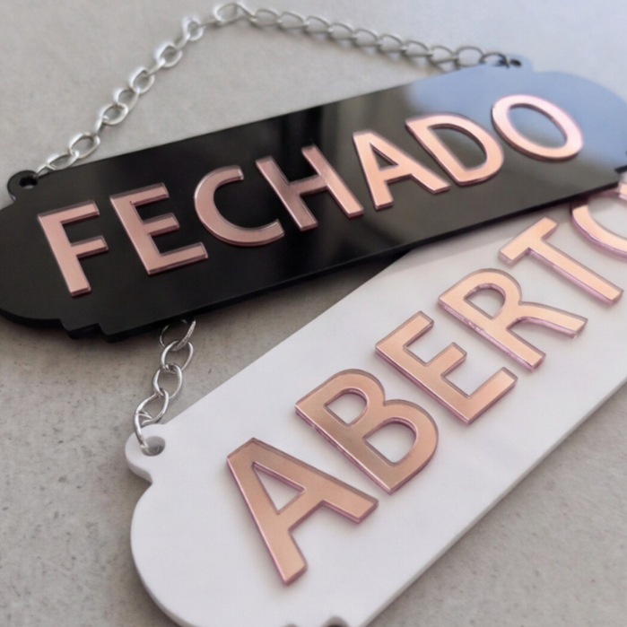 Placa Aberto Fechado Acrílico Espelhado Rose Gold Dupla Face 26x8 Salão Beleza Loja Comércio Vitrine