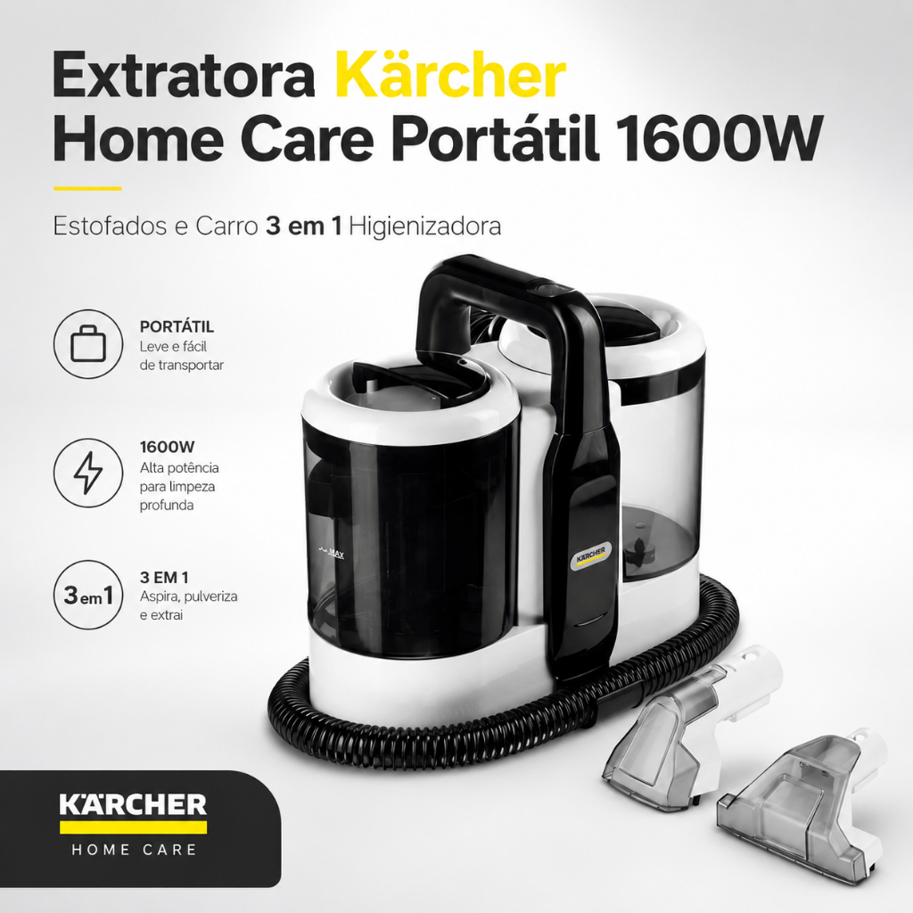 Extratora Kärcher Home Care Portátil 1600W Estofados e Carro 3 em 1 Higienizadora