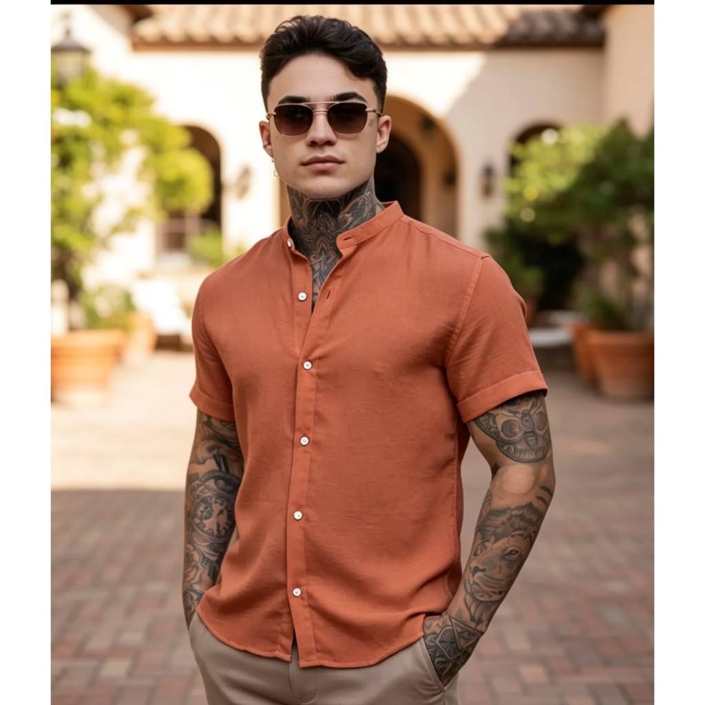 Camisa Masculina Social Linho Gola Padre Manga Curta Premium Não Amassa