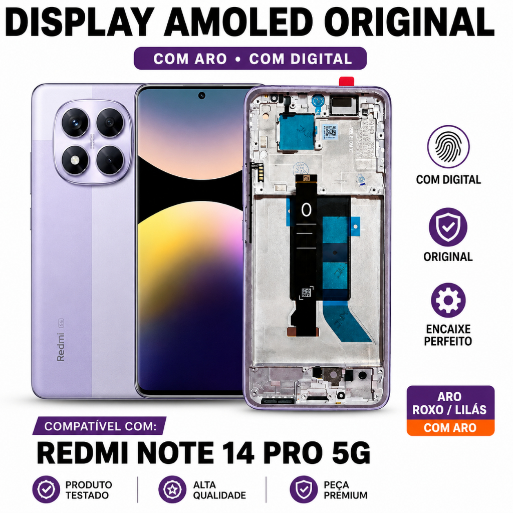 Display Redmi Note 14 Pro 5G Tela Amoled Original Frontal Roxo/Lilas Com Aro Com
