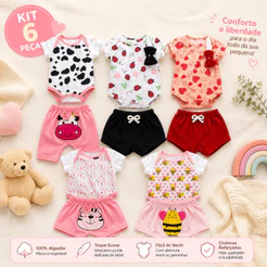 Kit Enxoval 6 Peças Body Bebê Infantil Menina Animado Estampado Bodie Short Mijão
