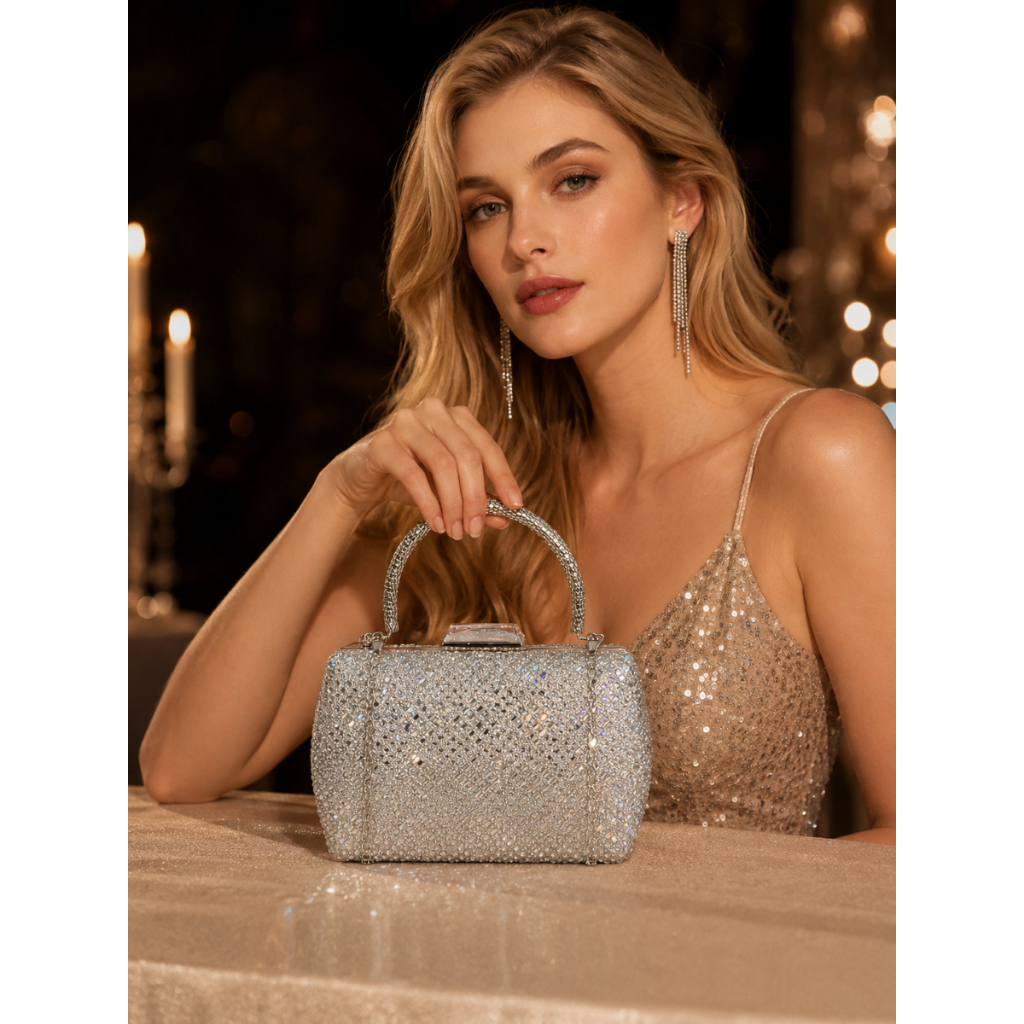 Bolsa de Festa Feminina Clutch Luxo em Strass com Corrente Transversal para Casamento e Formatura