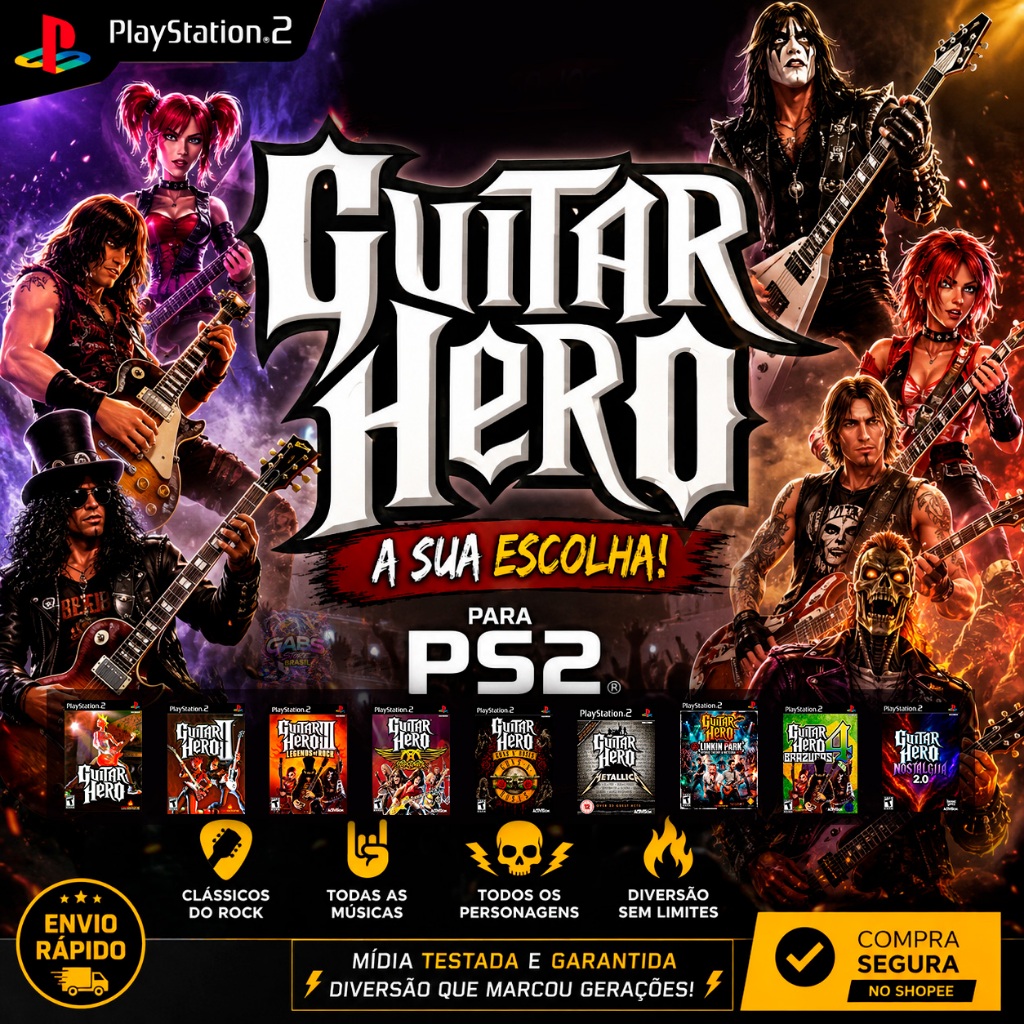 🎸 Guitar Hero para PS2 - Jogo de Música e Rock para PlayStation 2 Desbloqueado (Escolha a Versão)