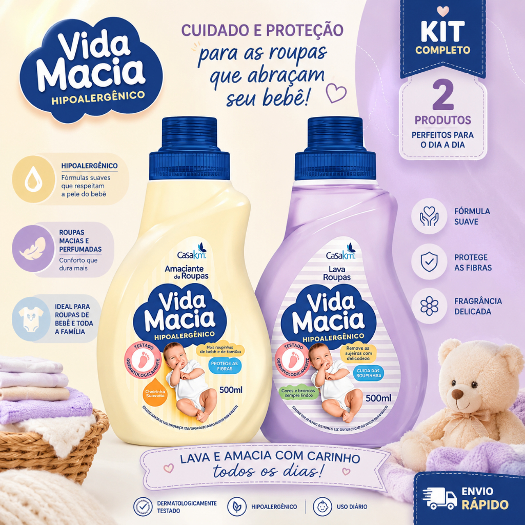 Kit Vida Macia Lava Roupas 500ml + Amaciante Glicerina e Camomila ou Amêndoas Bebê Hipoalergênico Suave Casa KM