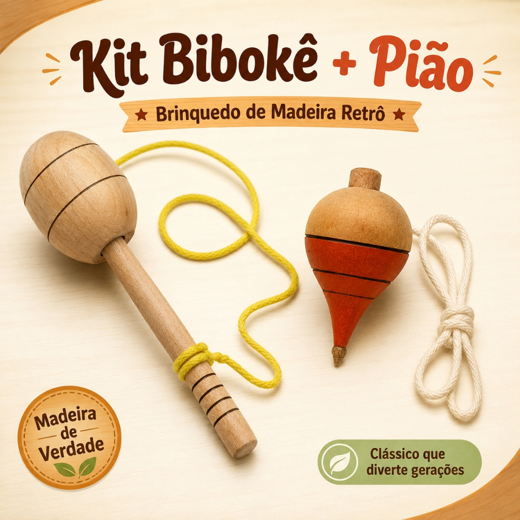 Kit Bibokê e Pião de Madeira com Fieira Brinquedo Retrô Infantil Artesanal Jogo Antigo