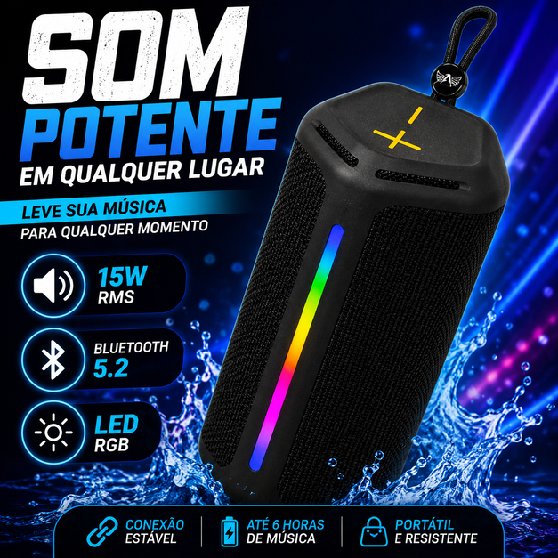 Caixa de Som Bluetooth Portátil 15W À Prova d'Água Bass Potente Recarregável Cores Sortidas