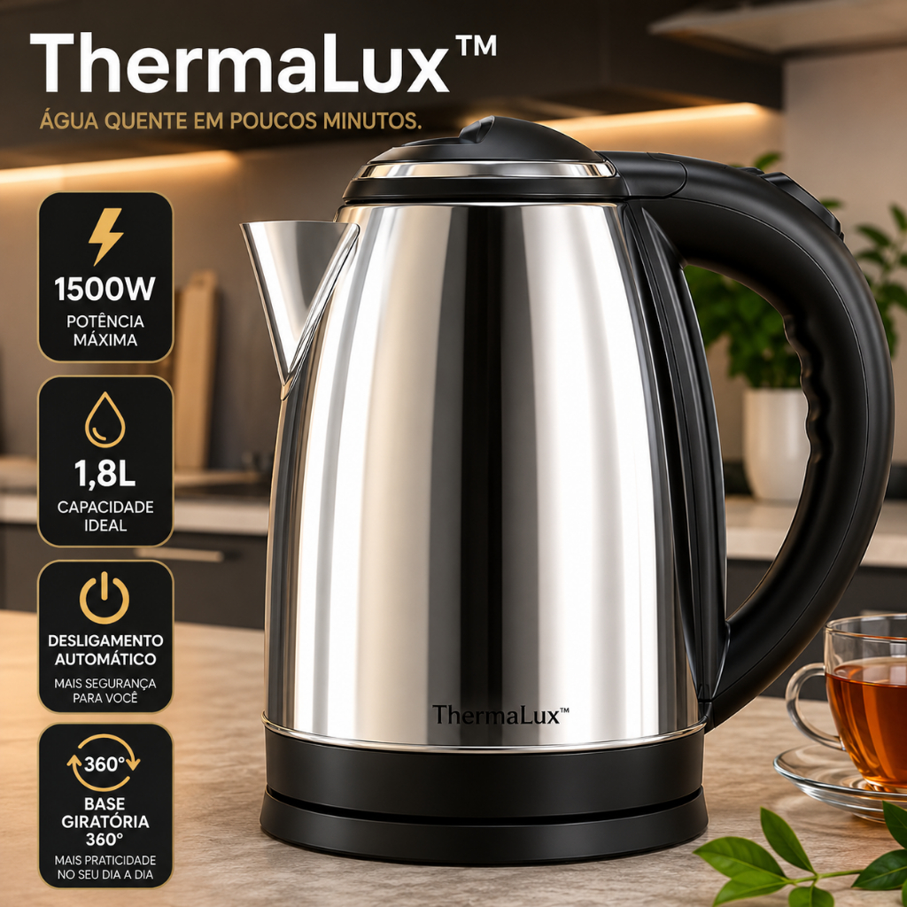 Chaleira Elétrica Inox 1,8L 1500W 220V Aquecimento Rápido Desligamento Automático Base 360° ThermaLux