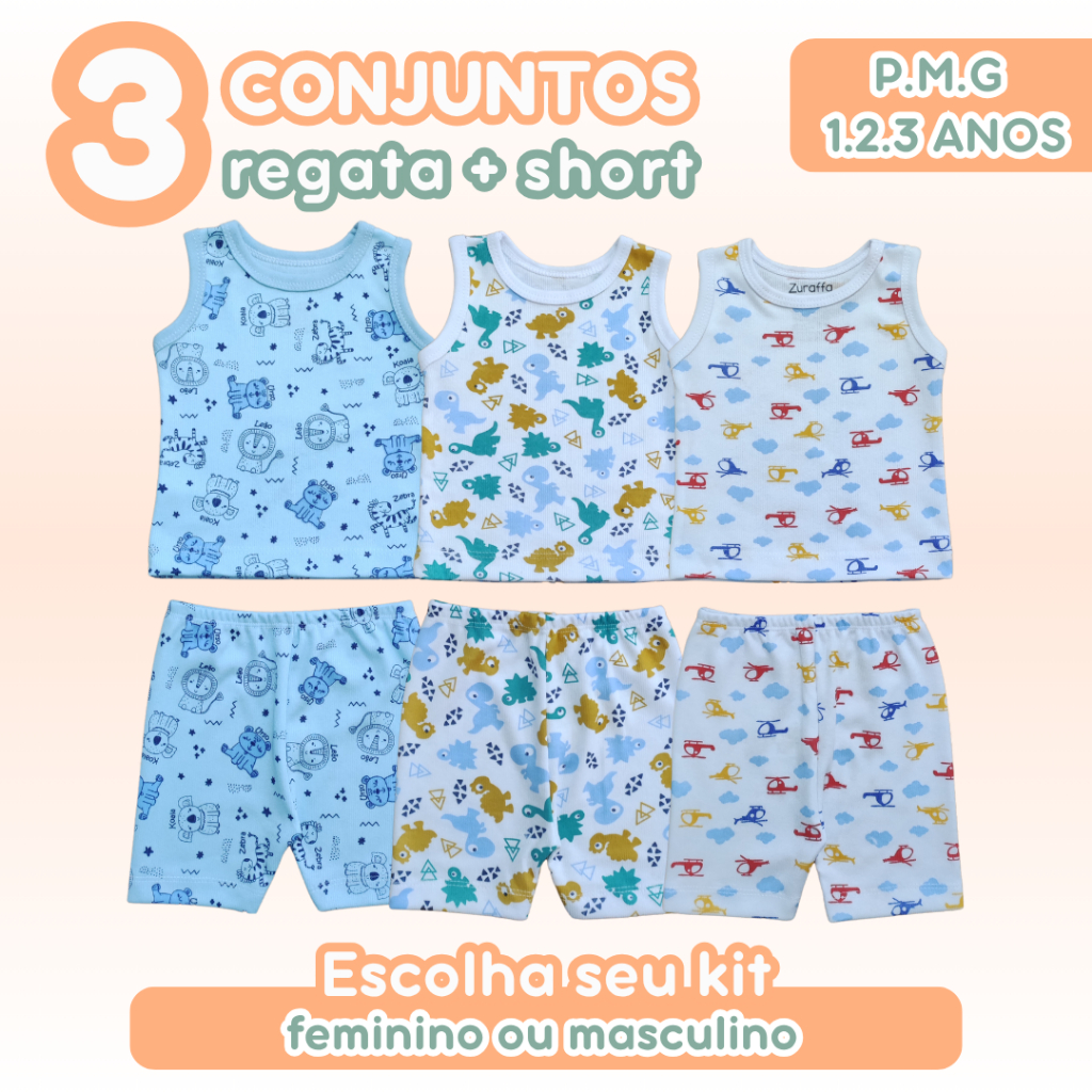 Kit 3 Conjuntos Bebê Regata Short Canelado Estampado Menina Menino Calor Verão P.M.G 1 ano 2 anos 3 anos Zuraffa Baby
