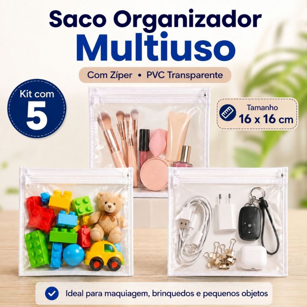 Kit 5 Sacos Organizadores PVC Transparente 16x16 com Zíper Multiuso Viagem Maquiagem