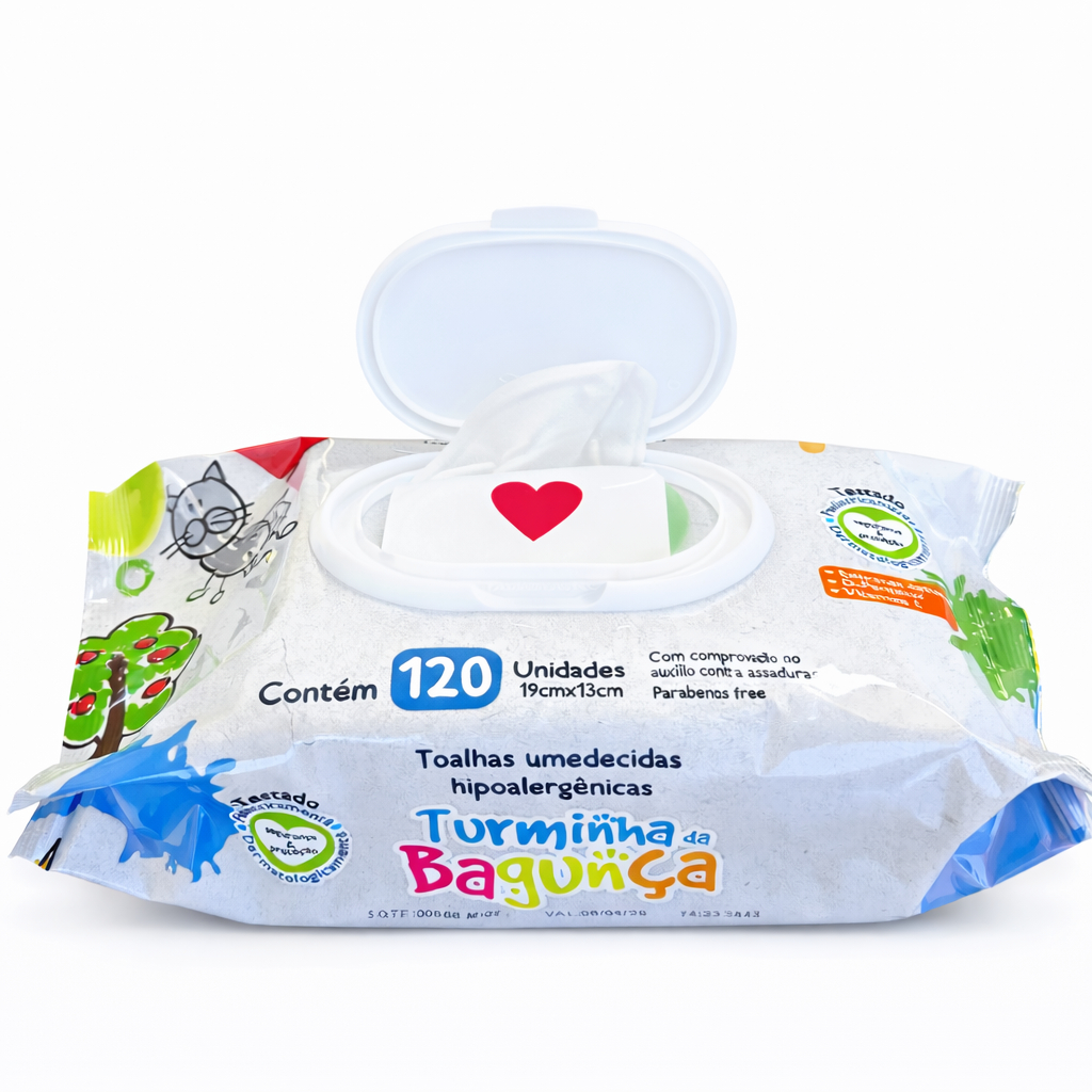 Kit 5 Lenços Umedecido Infantil Com Tampa Flip Top 120 Folhas - Limpeza Suave Pele Sensível Bebê - Turminha da Bagunça — imagem 2 de 2