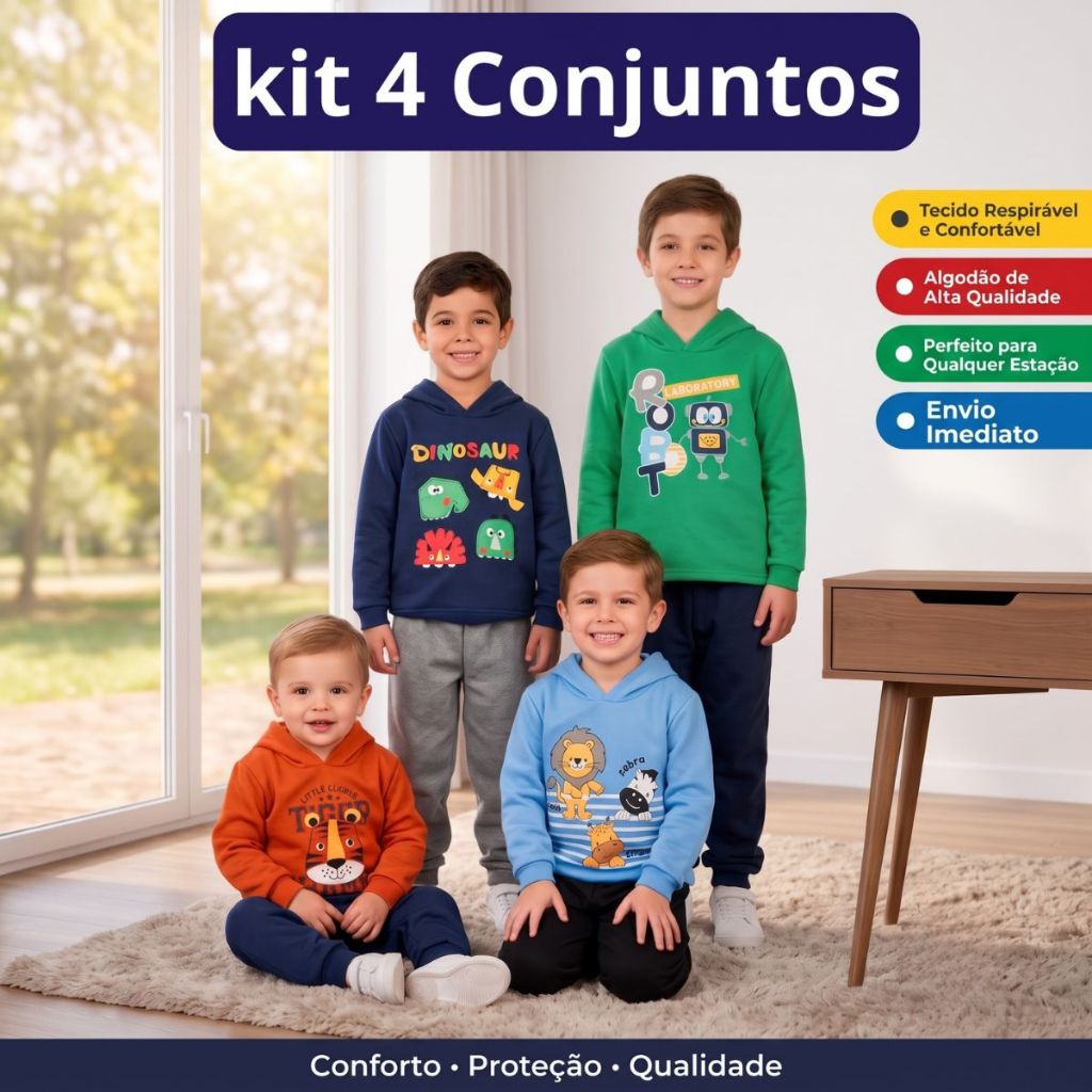 Kit 4 Conjuntos Moletom Infantil Bebe Menino Inverno Roupa Frio 8 Peças Masculino 1 ao 8 Blusa Calça