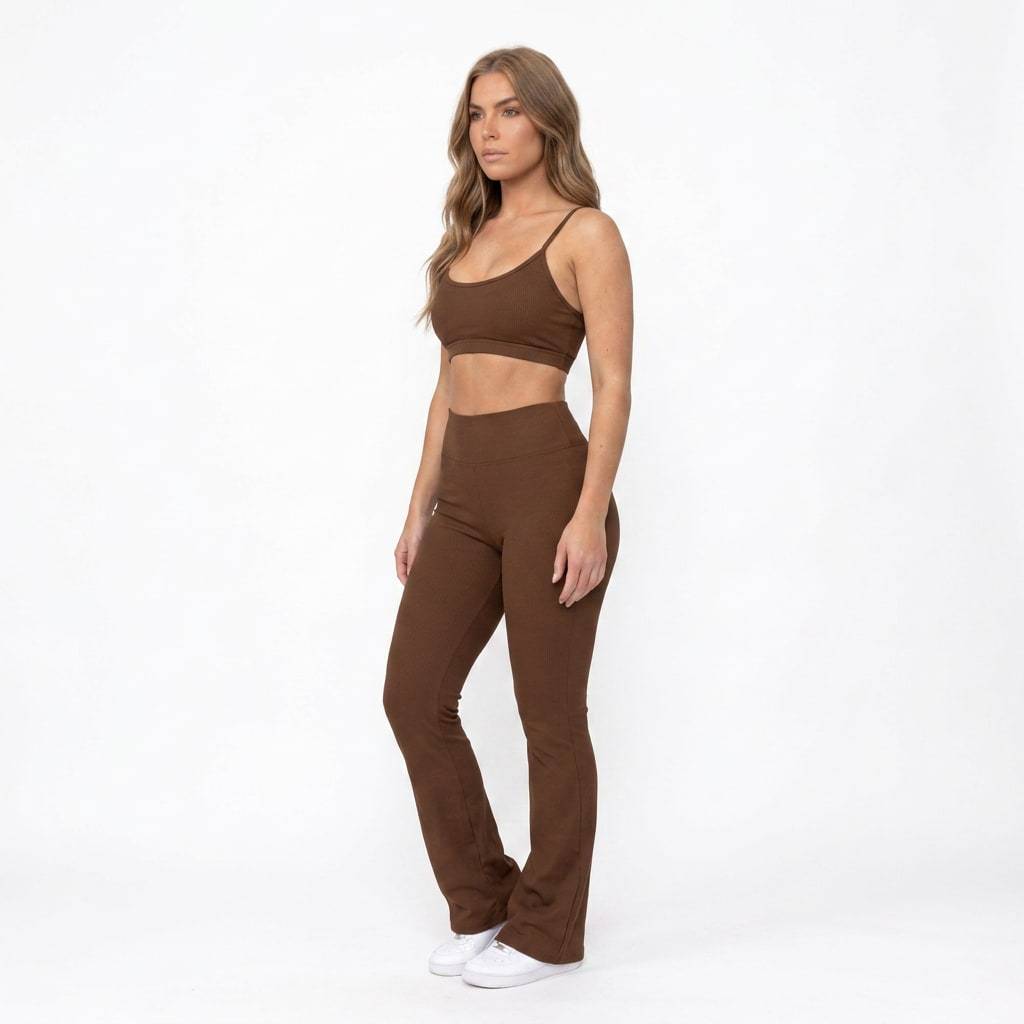Conjunto Feminino Calça Flare Cintura Alta e Top Cropped Fitness Academia Moda Feminina