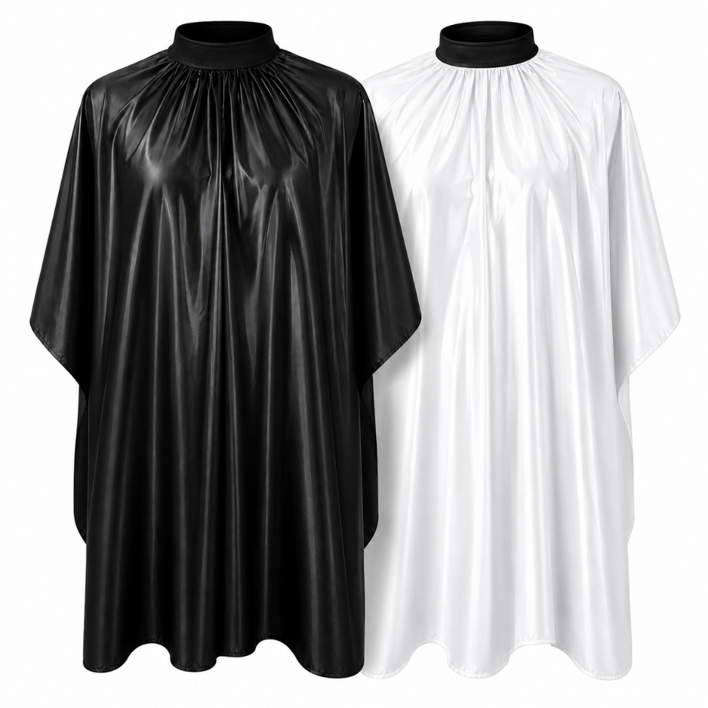 Kit 2 Capas de Corte Barbeiro Profissional Cetim Preta e Branca com Gola Ajustável Zíper 145x120cm