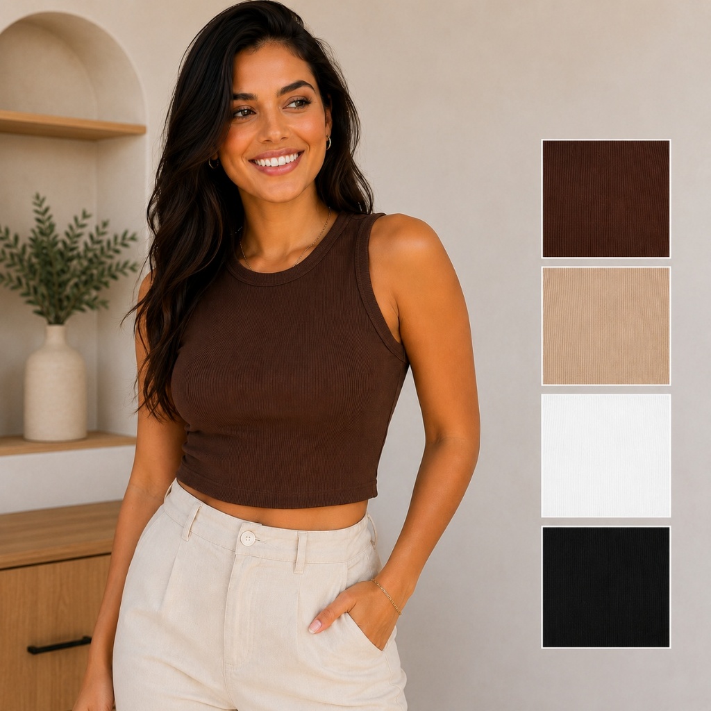 Regata Cropped Feminina Canelada Ribana Básica Cropped Casual Tamanho Único Confortável