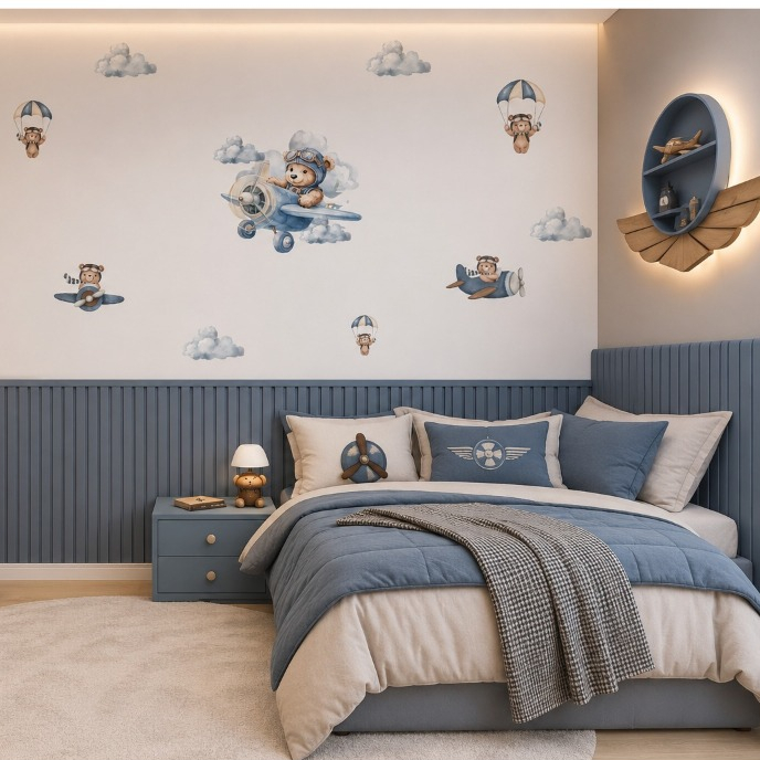 Adesivo Decorativo Infantil Ursinho Aviador – Kit Completo Sem Fundo (100x100 cm) ALGIDECOR
