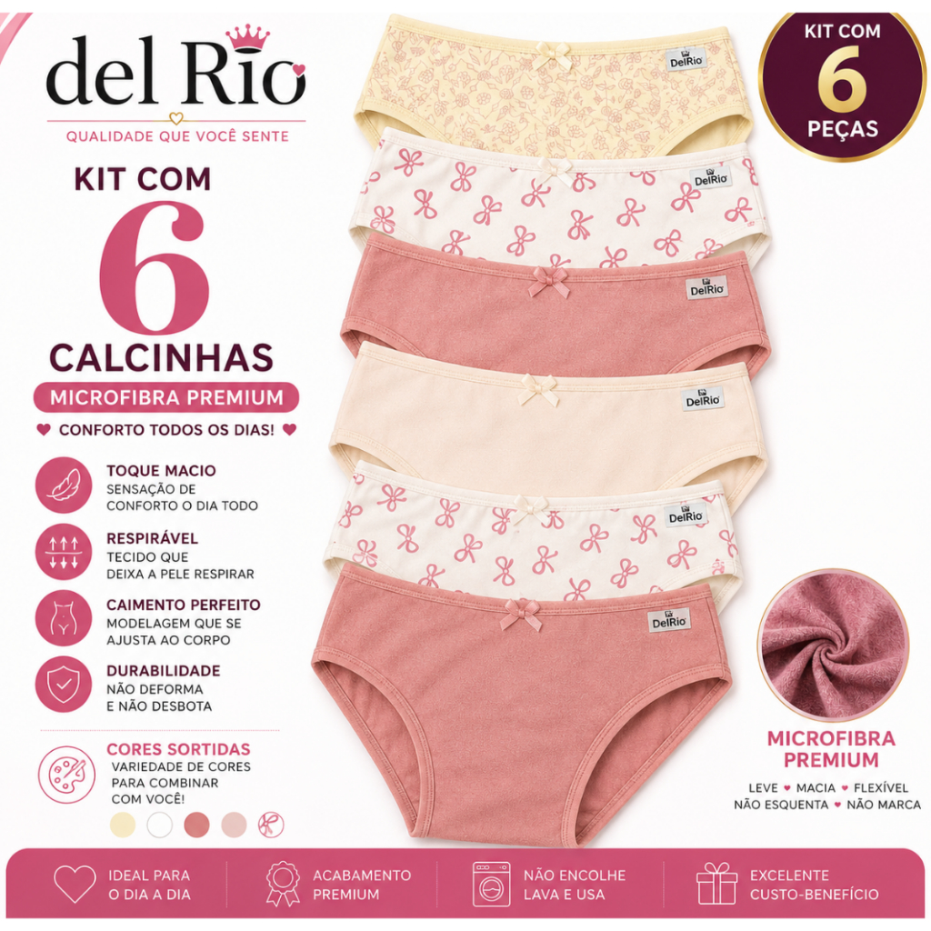 Kit 3 OU 6 Calcinhas DelRio Original Microfibra Premium Feminina Conforto Cores Sortidas