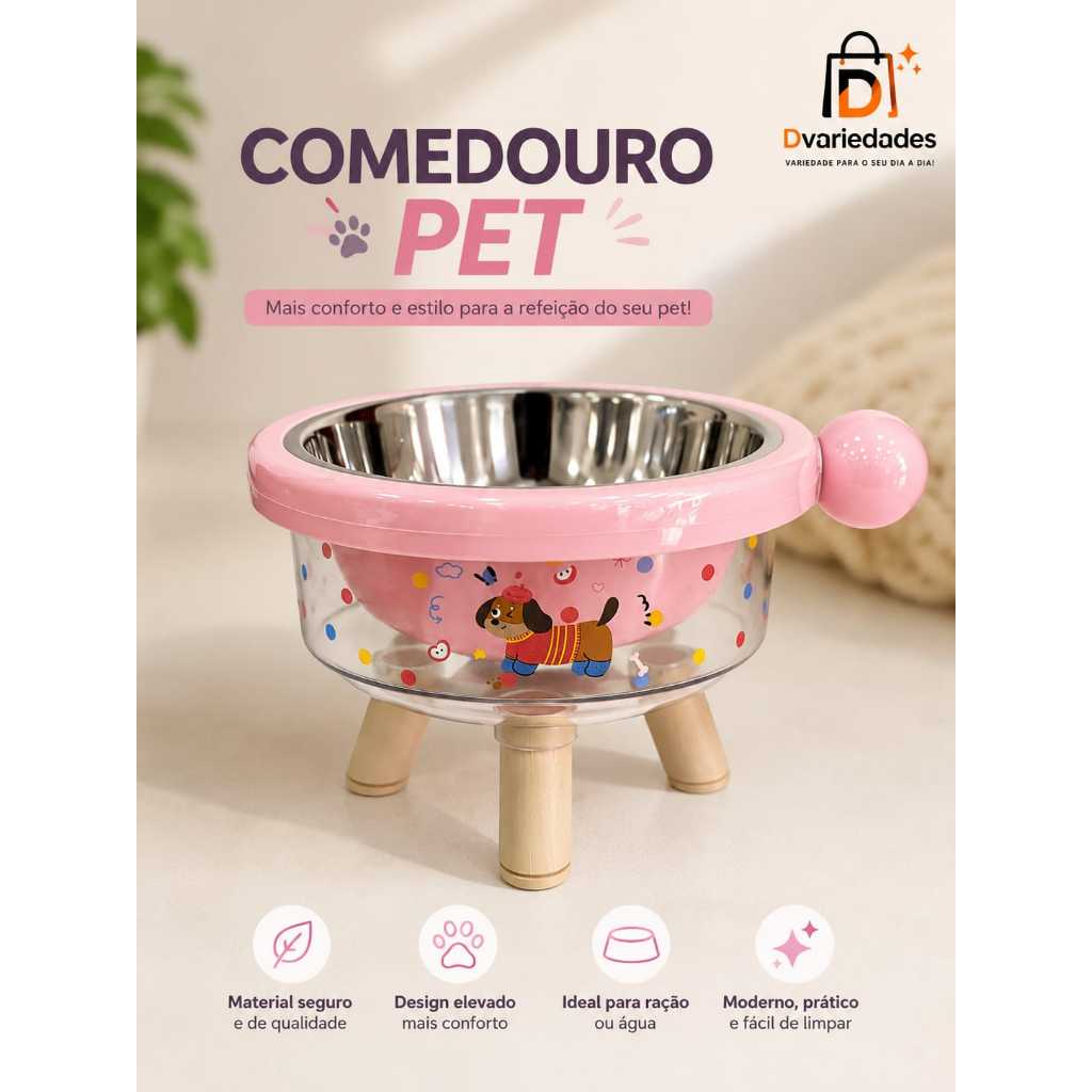 Comedouro Elevado Pet para Cães e Gatos com Pote de Aço Inox e Design Transparente