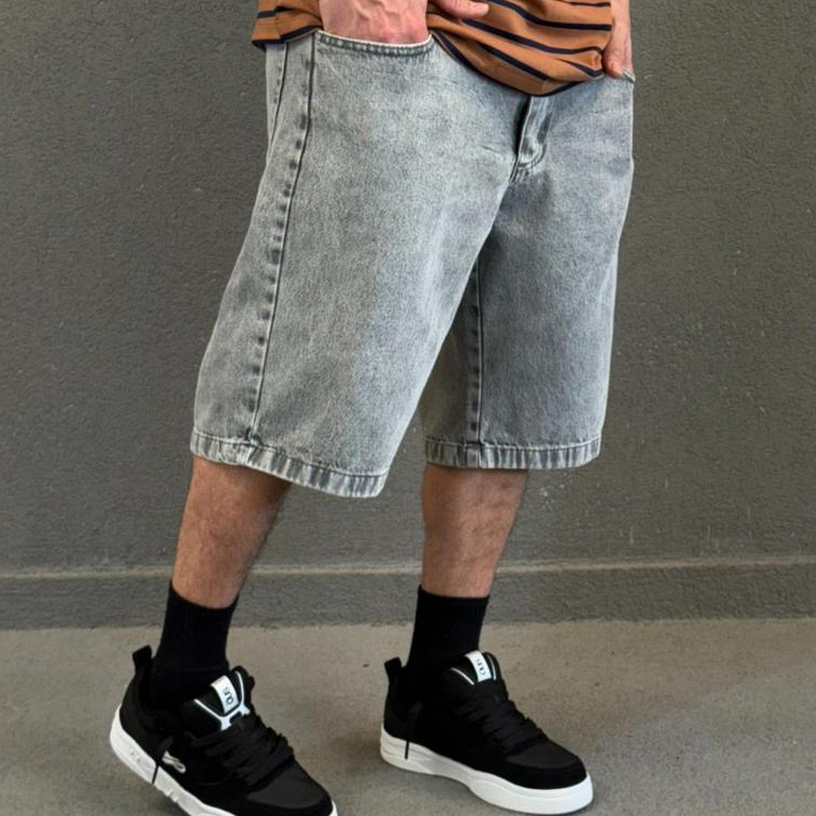 Bermuda Jeans Baggy Balão Oversized Estonada Cinza Masculina Feminina Moda Street Skate — imagem 2 de 2