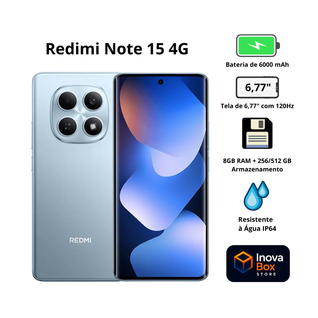 Smartphone Redmi Note 15 4G 256GB 8GB AMOLED 120Hz Bateria 6000mAh