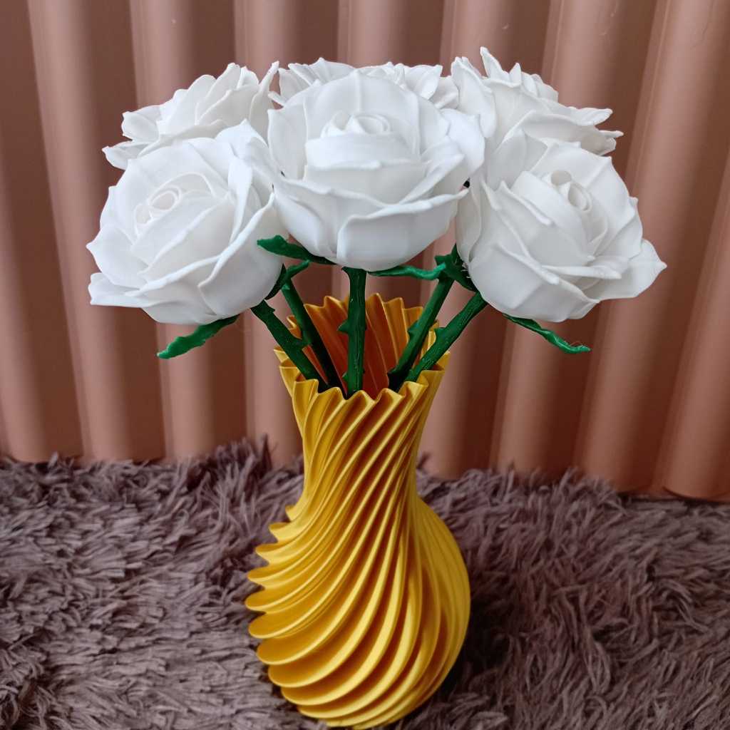 Vaso Decorativo Dourado + 6 Rosas Brancas Artificiais | Arranjo Moderno Minimalista