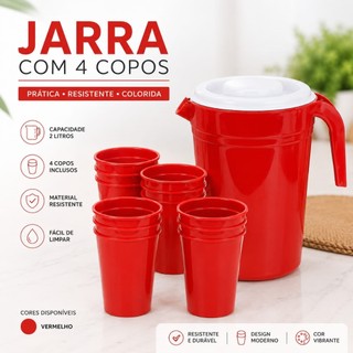 Jarra 2 Litros com 4 Copos Kit Completo Resistente Moderna Colorida Cozinha