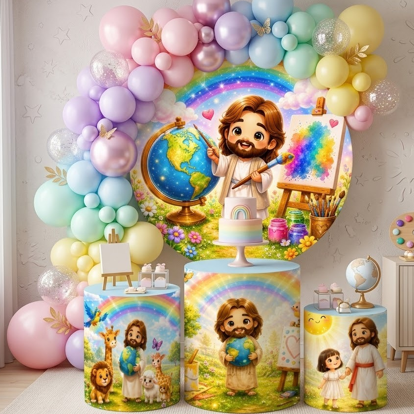 Capa Painel Redondo Trio Cilindro Jesus Criador Mundo Festa Infantil Cristã Lançamento Bibi Painéis