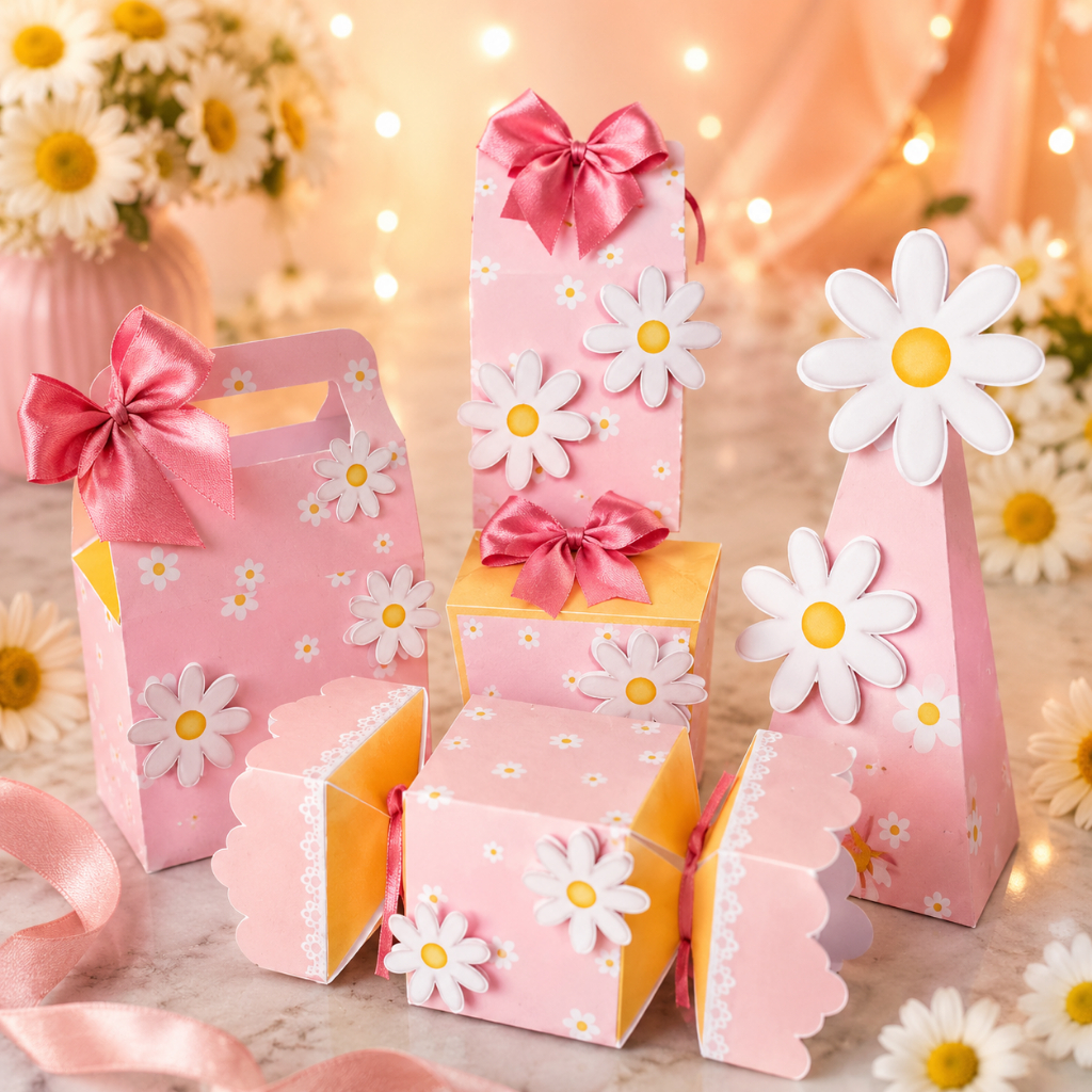 Kit Caixinhas Personalizadas Margaridas Pegue e Monte Lembrancinhas Festa Infantil Caixinhas Desmontadas Kit Papelaria