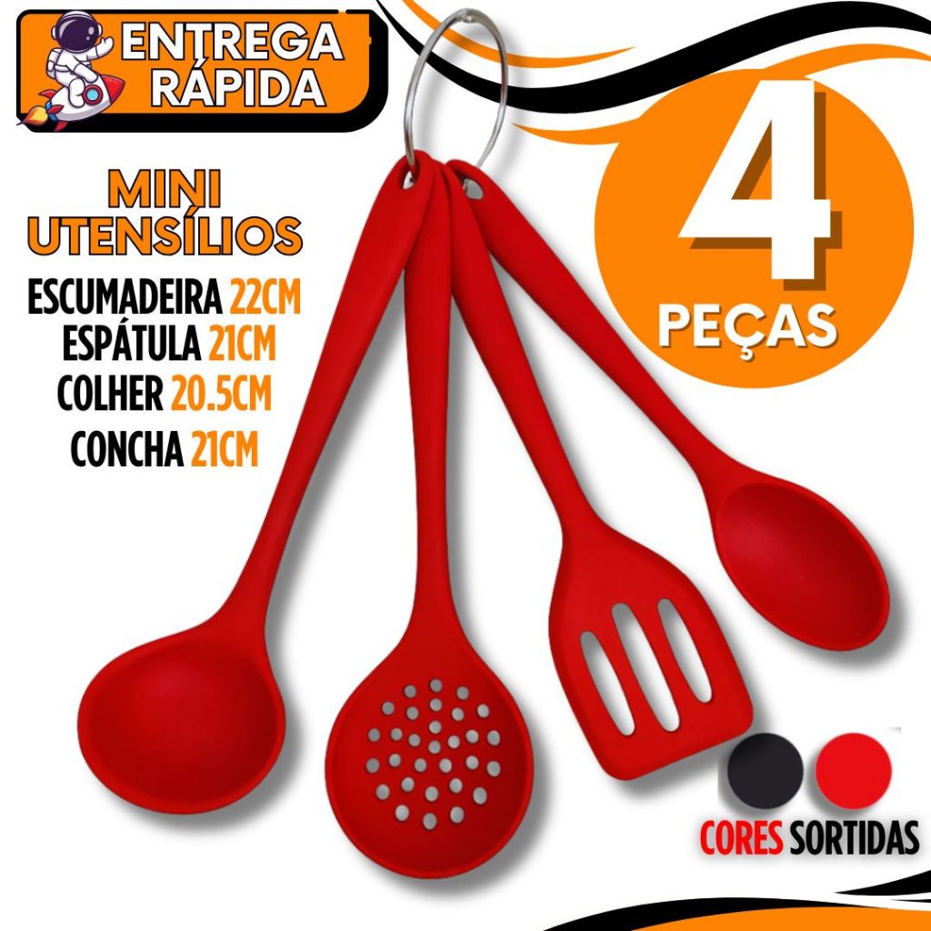 Kit 04 Mini  Utensílios Silicone Premium Cozinha – Escumadeira, Concha e Colher Espátula Vazada Multiuso Utilidades Casa