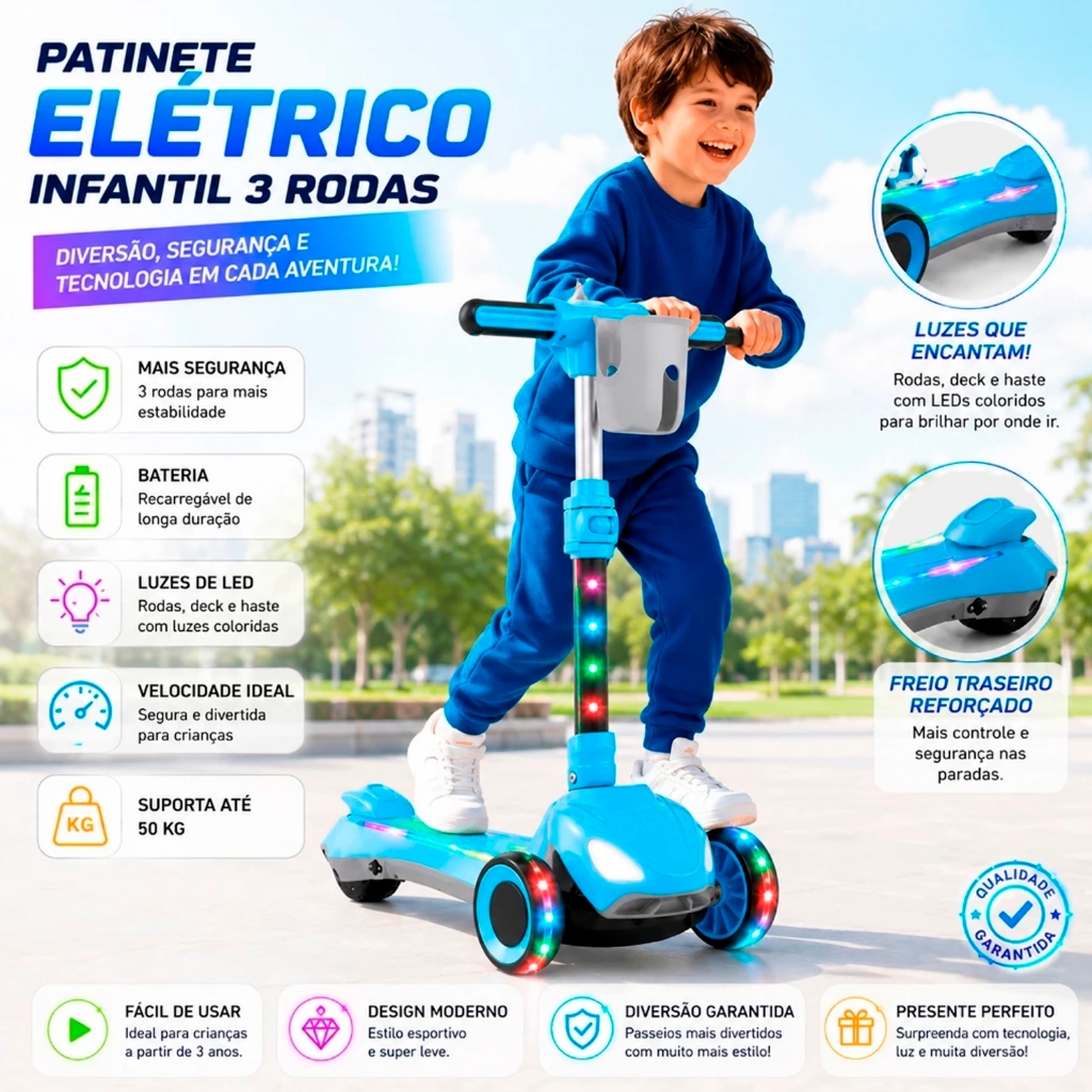 Patinete Elétrico Infantil Dobrável Altura Ajustável Com Led Scooter 3 Rodas Para Crianças