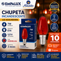 Kit 10 Lâmpadas Incandescente Vermelha Chupeta 7W 127V E14 - ID10719