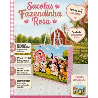 Sacolinha personalizada Fazendinha Rosa PEGUE E MONTE | Personalizados lembrancinhas mimos