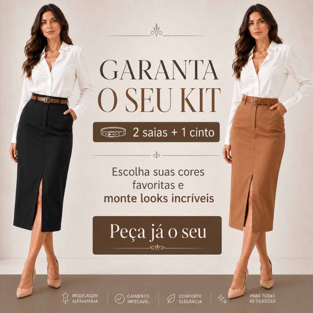 Kit 2 Saias Alfaiataria Midi Bolso Faca Lateral Com Cinto