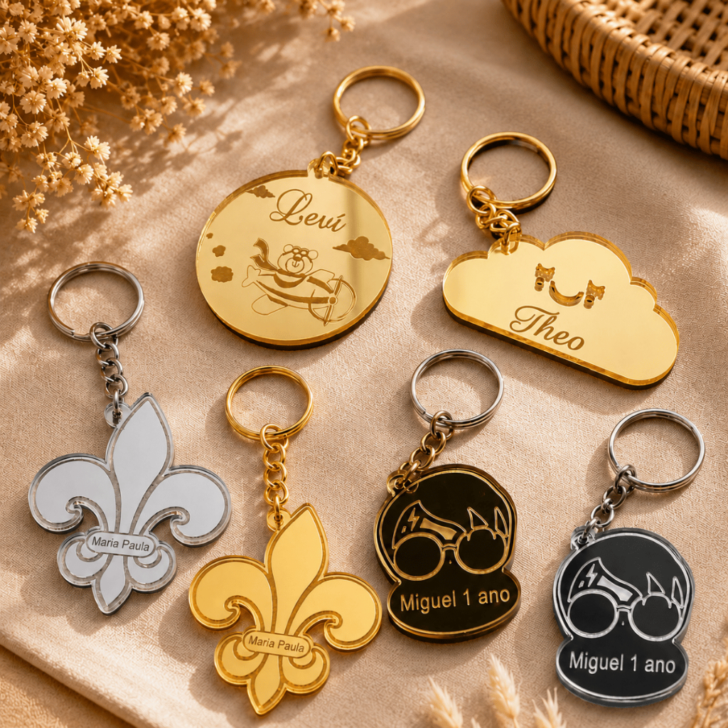 Kit Chaveiro Personalizado Em Acrílico Espelhado Para Lembrancinha Casamento Aniversário Chá De Bebê