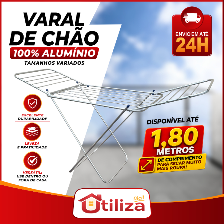 Varal de Chão p/roupas 100% Alumínio Dobrável Reforçado Grande com Abas Antiferrugem