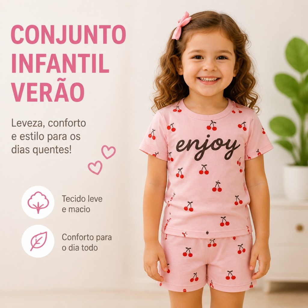 Conjunto Infantil Feminino Menina Verão Blusa e Shorts Rosa A Pronta Entrega
