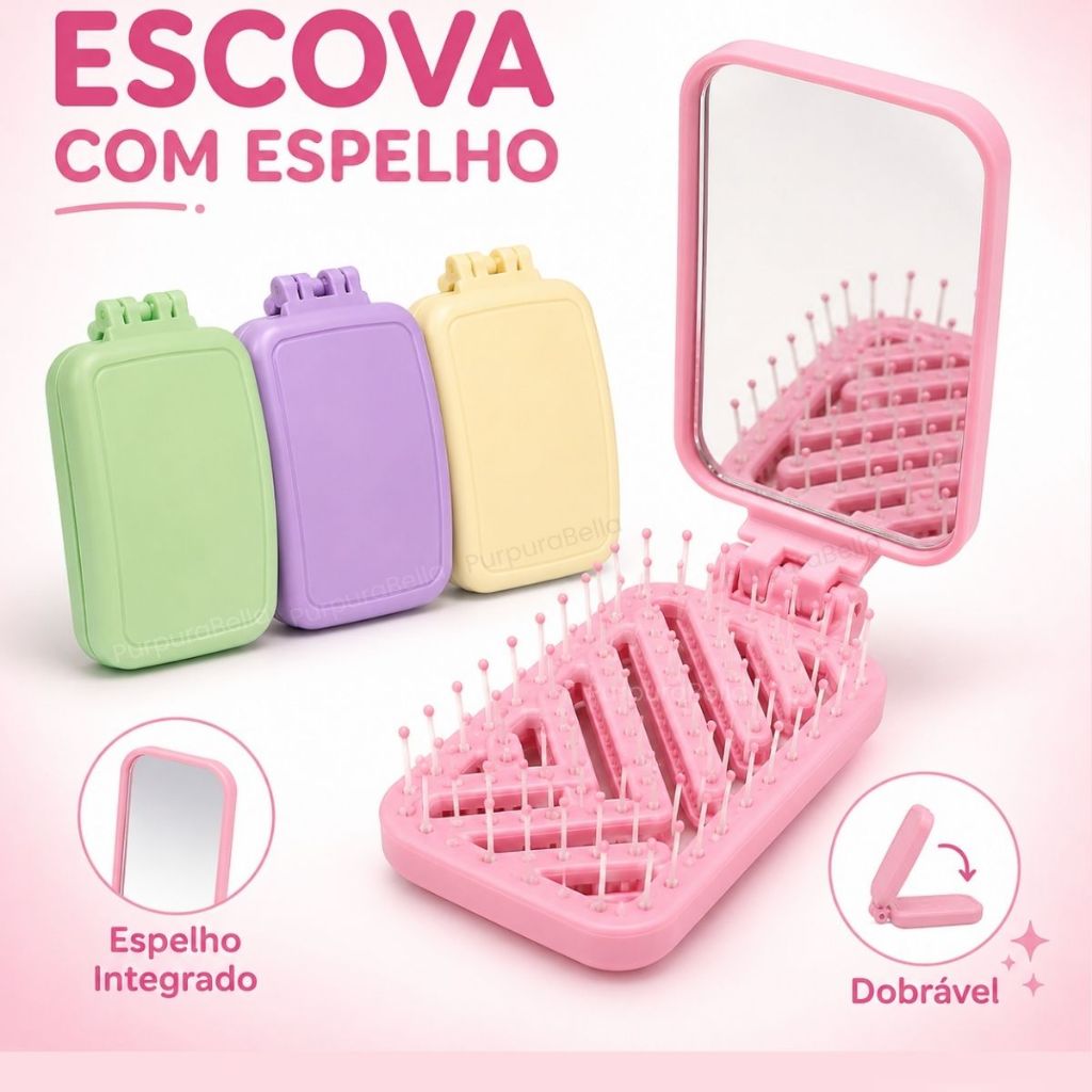 Mini Escova com Espelho Portátil Dobrável Bolsa Viagem Retangular Escovinha Mágica Espelhinho de Mão