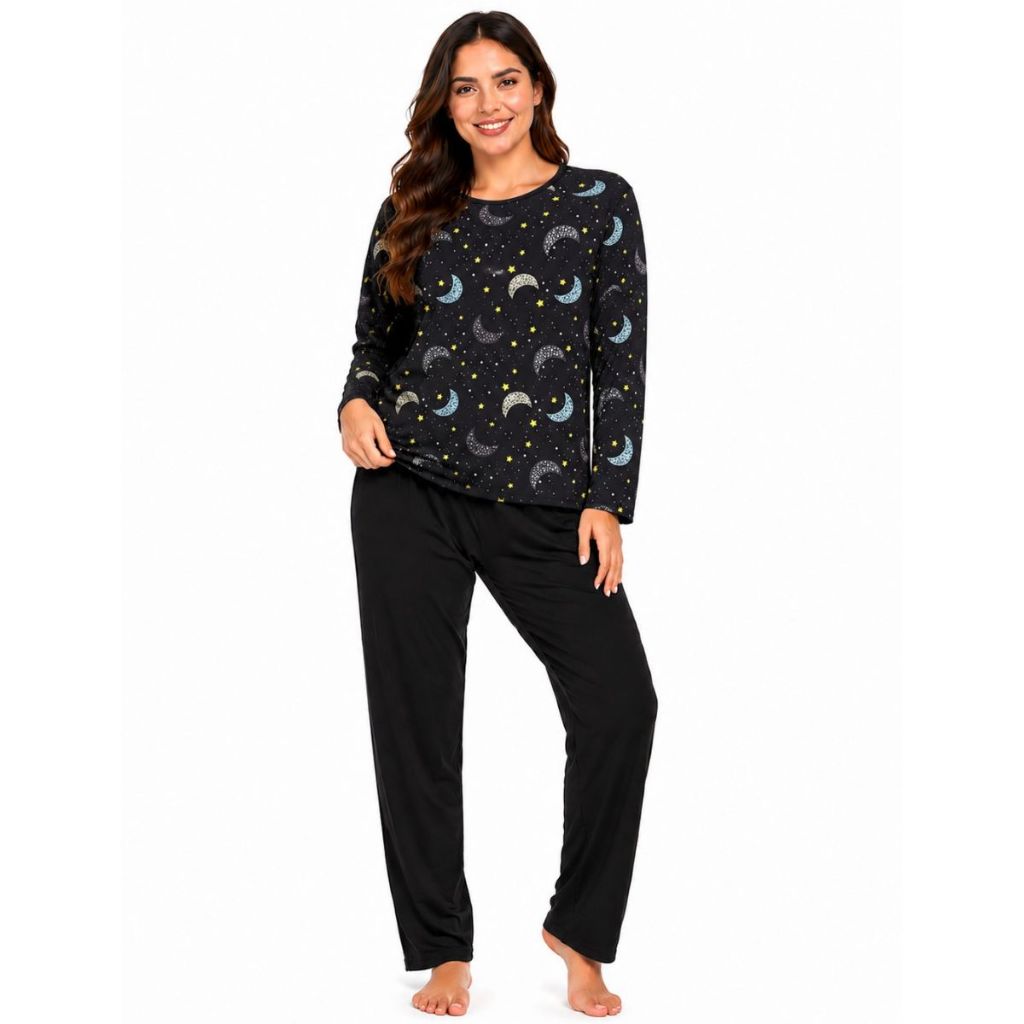 Conjunto Pijama Estampado Poliéster Feminino Adulto Manga Longa Calça Comprida Confortável Frio Inverno Dormir