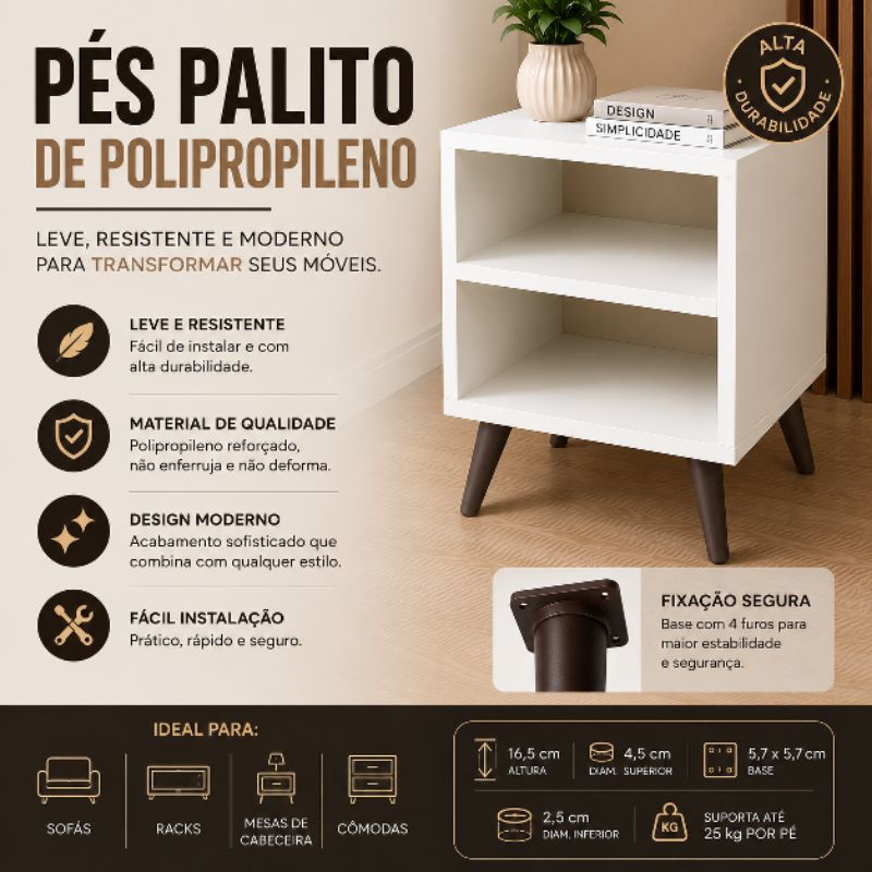 Pé palito para Móveis Reforçado Preto Marrom Cômoda Criado-Mudo Mesa Cabeceira + brinde parafuso