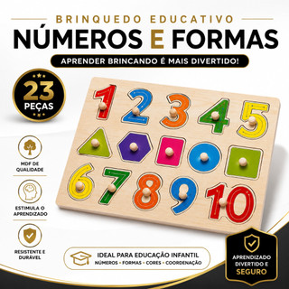 Brinquedo Educativo Tabuleiro Infantil MDF com Números e Formas Geométricas de Encaixe Quebra Cabeça Montessori